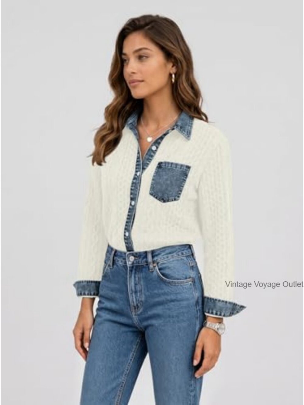 Women's Cable Knit Shacket Denim Patchwork Casual Jacket - Picture 3 of 5